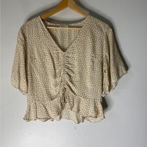 Dee Elly‎ Tan White Dot Ruffle Short Sleeve Rayon Top Small